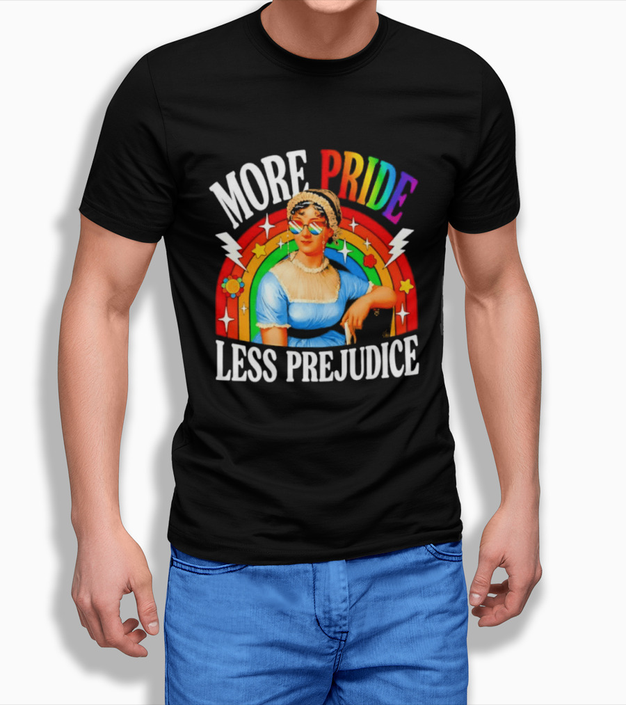 More Pride Less Prejudice LGBTQ Rainbow Heart Jane Austen Pride Month T-Shirt