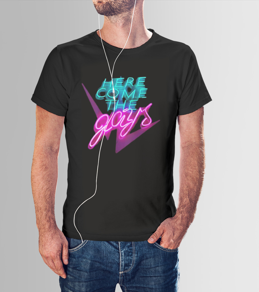 Here Come The Gays Neon Sign Vibrant LGBTQ+ Pride T-Shirt