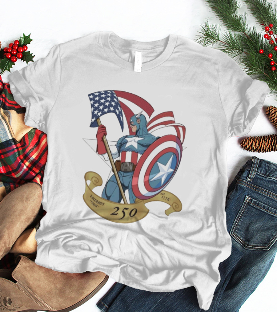 Captain America Marvel 250 E Pluribus Unum EST 1776 Patriotic Hero Shield American Flag T-Shirt