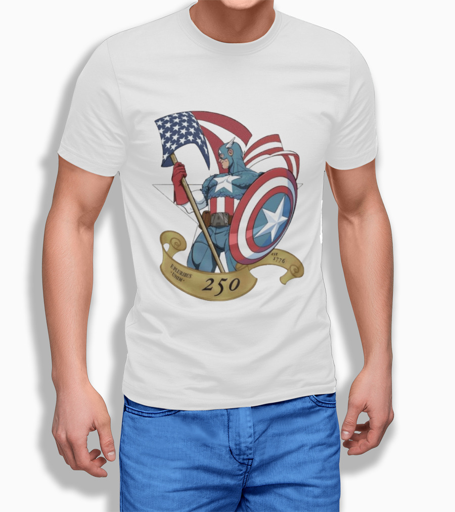 Captain America Marvel 250 E Pluribus Unum EST 1776 Patriotic Hero Shield American Flag T-Shirt