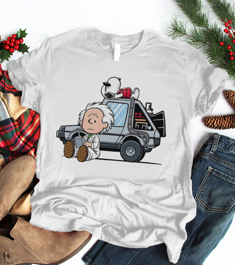 Doc Brown Snoopy Back To The Future Delorean Time Machine Cartoon Mashup T-Shirt