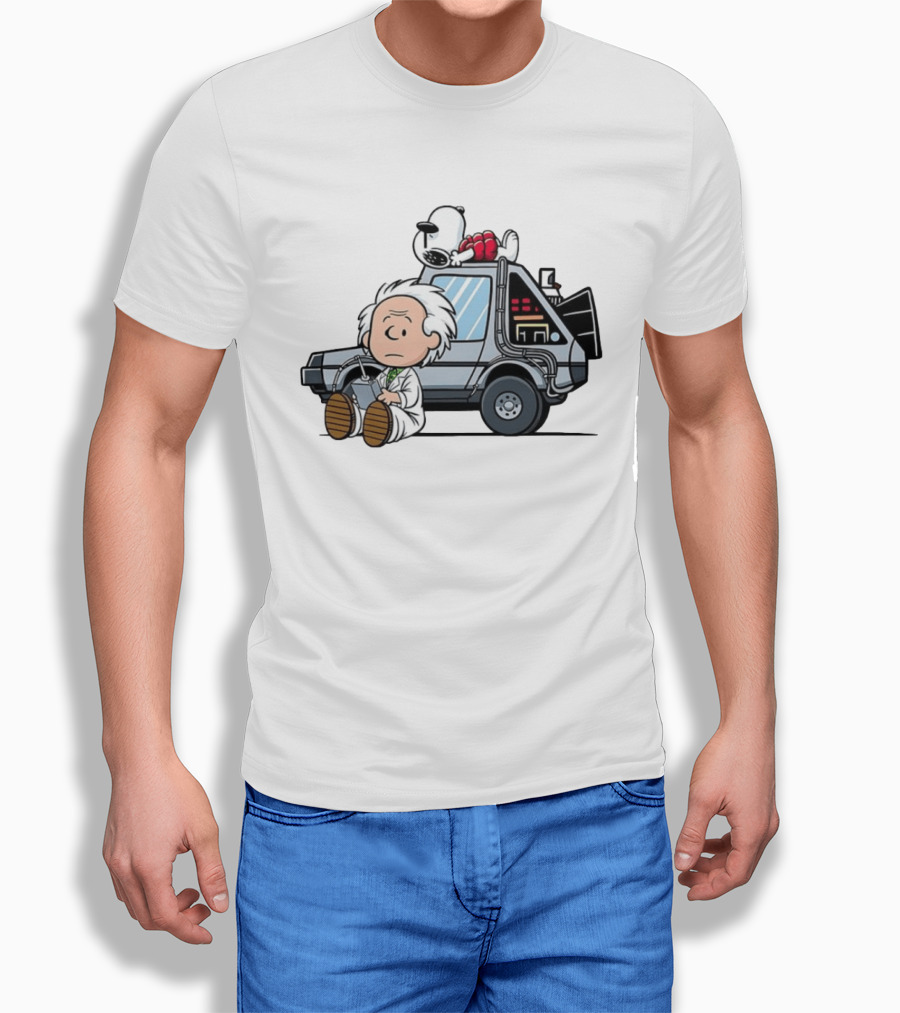 Doc Brown Snoopy Back To The Future Delorean Time Machine Cartoon Mashup T-Shirt