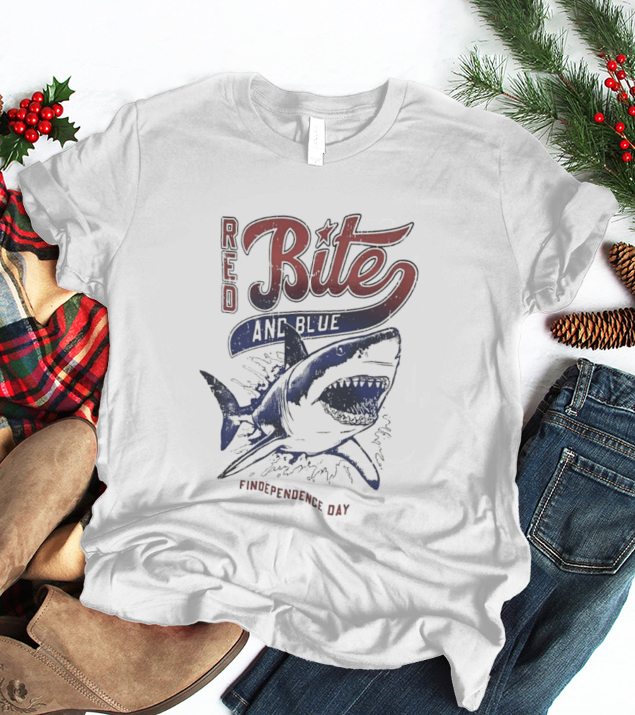Red Bite And Blue Shark Findependence Day T-Shirt