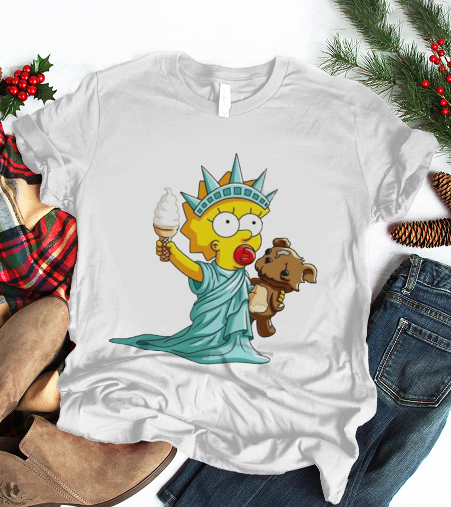 Statue Of Liberty Baby With Ice Cream And Teddy Bear Cartoon T-Shirt