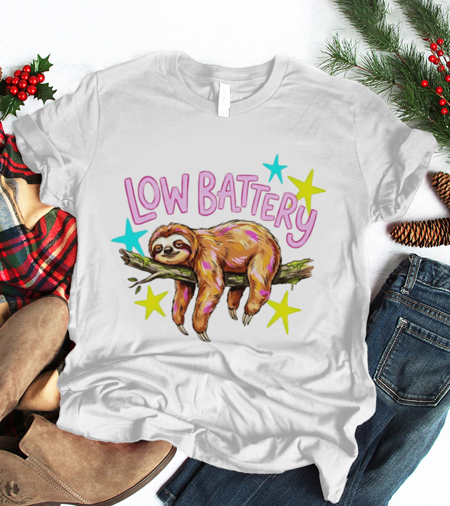 Lazy Sloth Low Battery Tired Animal With Colorful Stars T-Shirt