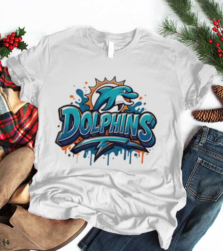 Miami Dolphins Graffiti Football Dolphins Splash Blue Orange T-Shirt