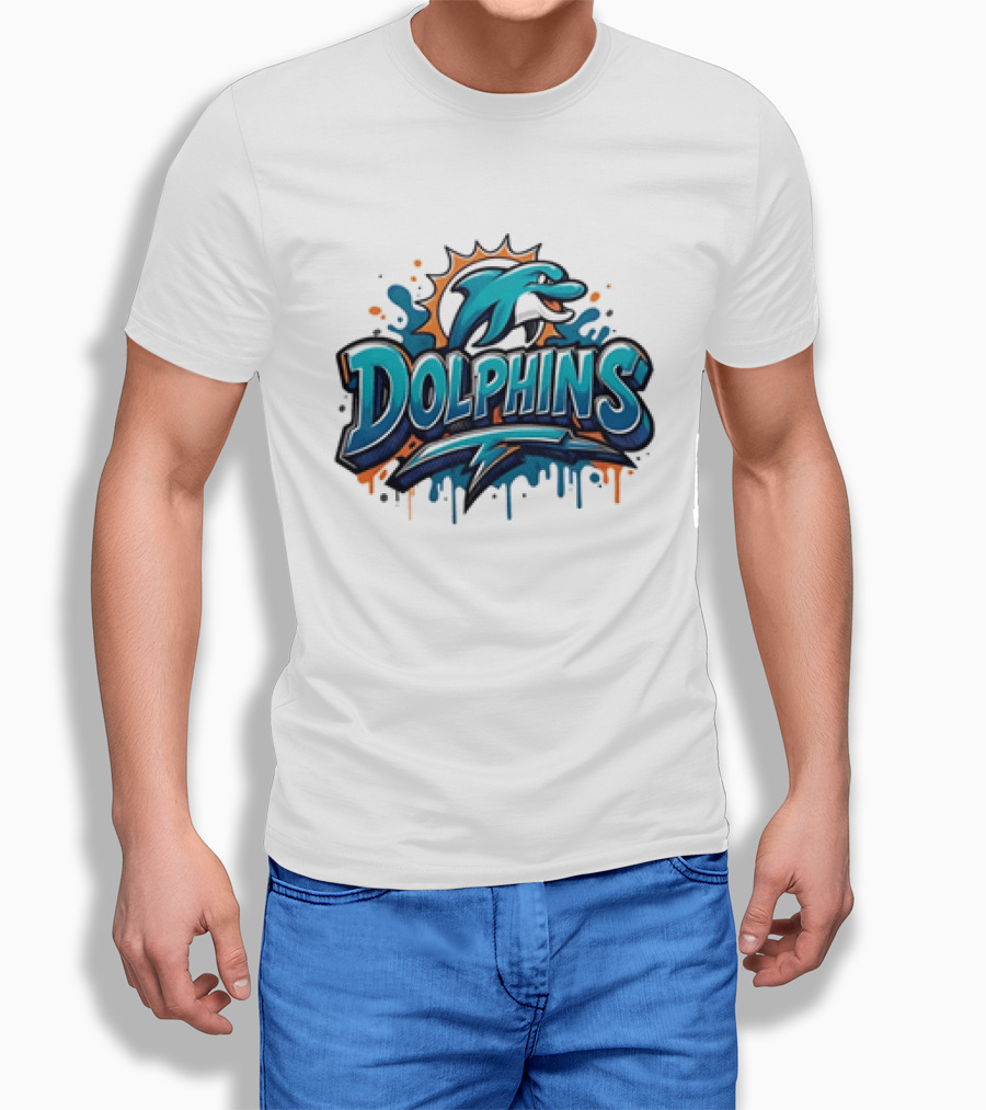 Miami Dolphins Graffiti Football Dolphins Splash Blue Orange T-Shirt
