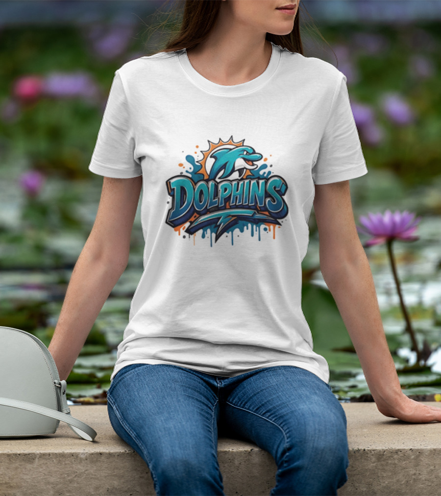 Miami Dolphins Graffiti Football Dolphins Splash Blue Orange T-Shirt