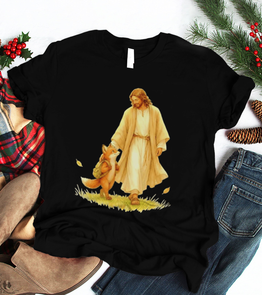 Jesus Christ And Fox Companion With Backpack In Nature Scene T-Shirt