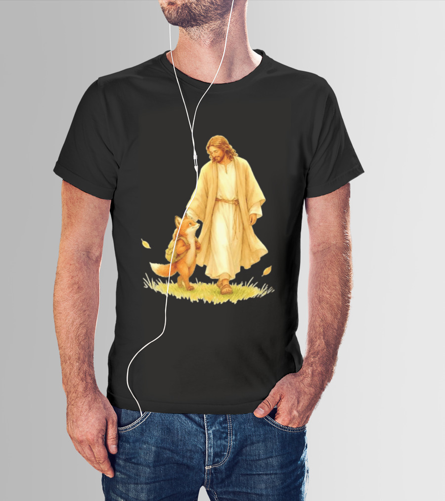 Jesus Christ And Fox Companion With Backpack In Nature Scene T-Shirt