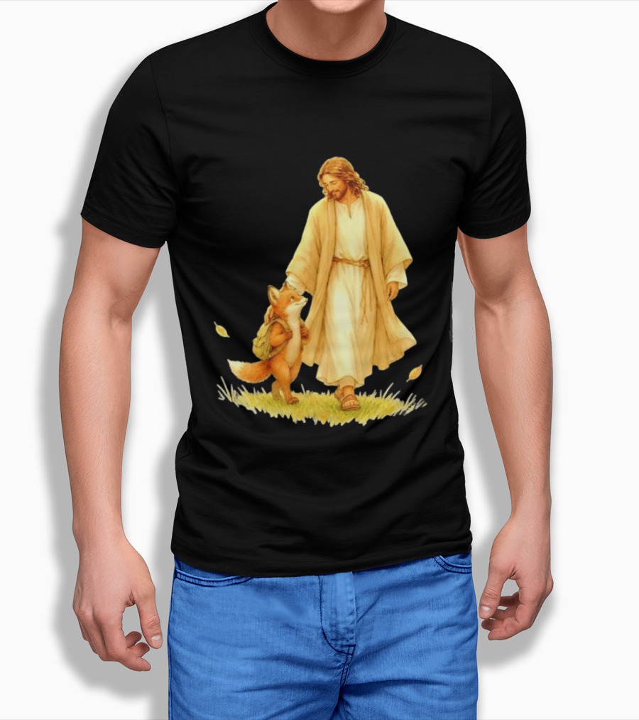 Jesus Christ And Fox Companion With Backpack In Nature Scene T-Shirt
