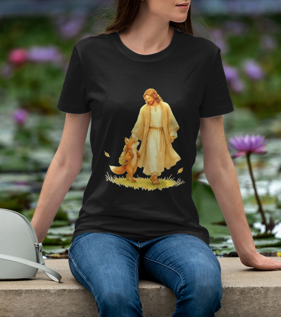 Jesus Christ And Fox Companion With Backpack In Nature Scene T-Shirt