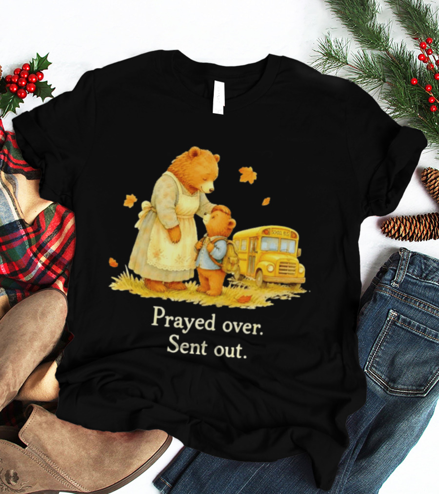 Mama Bear And Cub School Bus Prayed Over Sent Out Back To School Autumn Scene T-Shirt