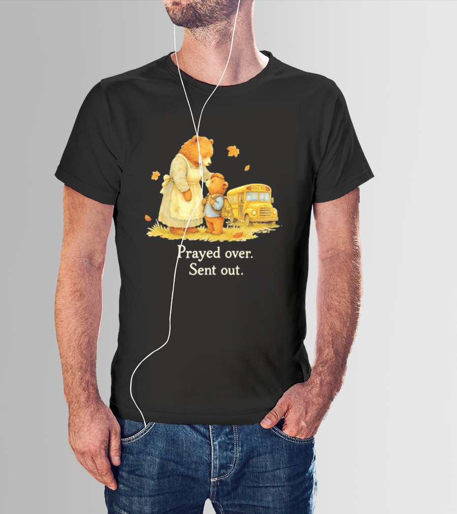 Mama Bear And Cub School Bus Prayed Over Sent Out Back To School Autumn Scene T-Shirt