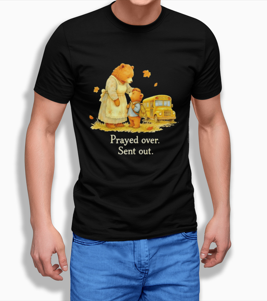 Mama Bear And Cub School Bus Prayed Over Sent Out Back To School Autumn Scene T-Shirt