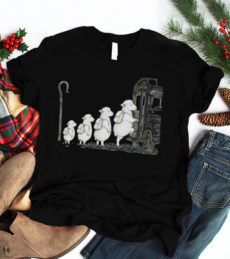 Sheep Boarding School Bus With Shepherd Staff Learning Journey T-Shirt