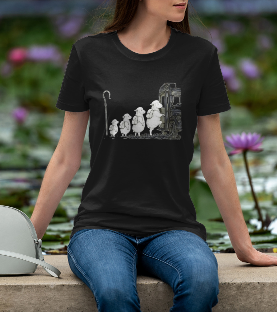 Sheep Boarding School Bus With Shepherd Staff Learning Journey T-Shirt