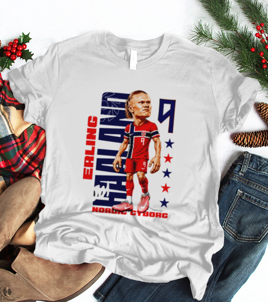 Erling Haaland No 9 Nordic Cyborg Stars And Stripes Caricature T-Shirt