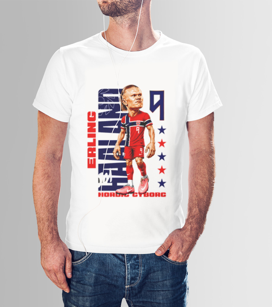 Erling Haaland No 9 Nordic Cyborg Stars And Stripes Caricature T-Shirt