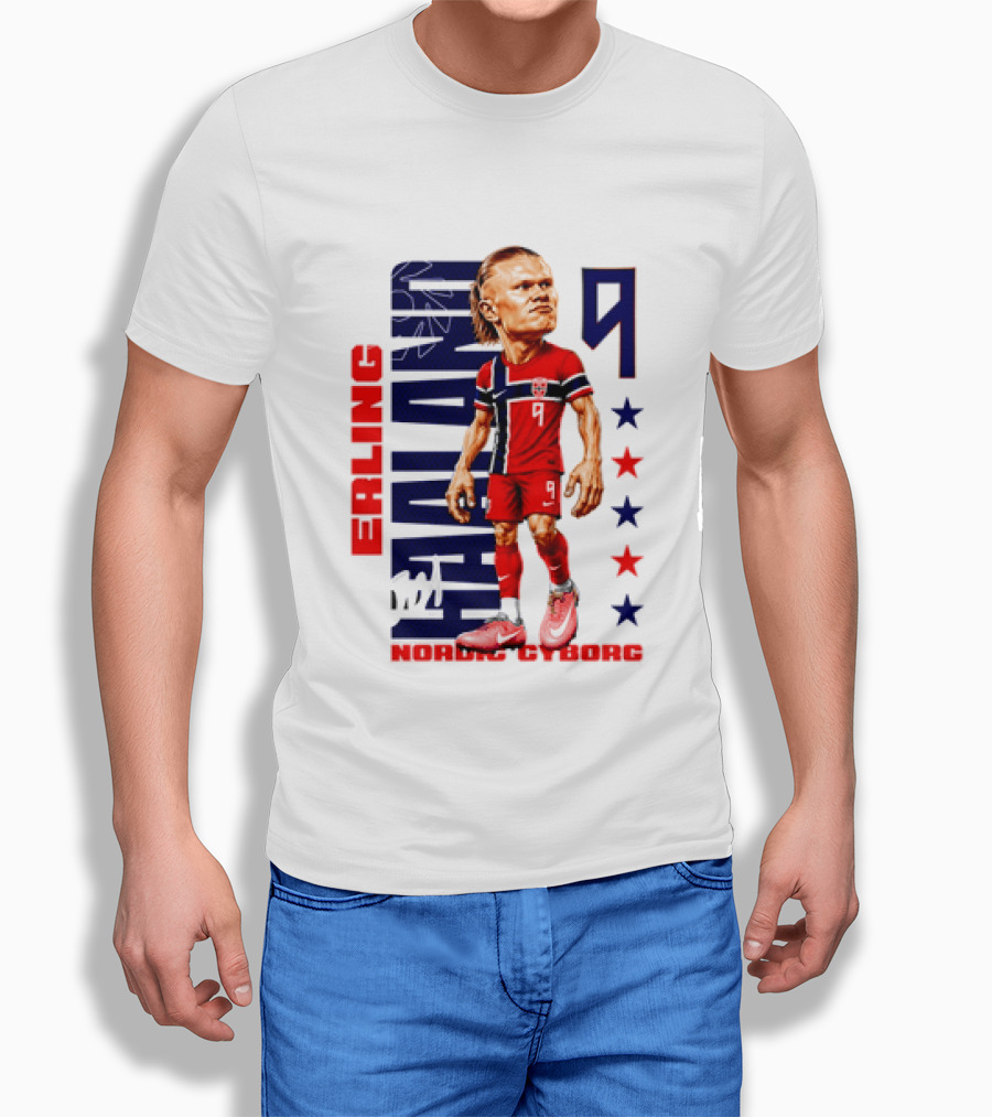 Erling Haaland No 9 Nordic Cyborg Stars And Stripes Caricature T-Shirt
