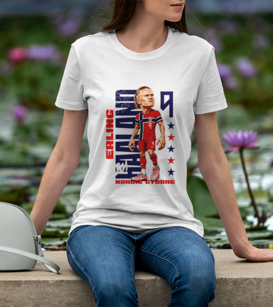 Erling Haaland No 9 Nordic Cyborg Stars And Stripes Caricature T-Shirt