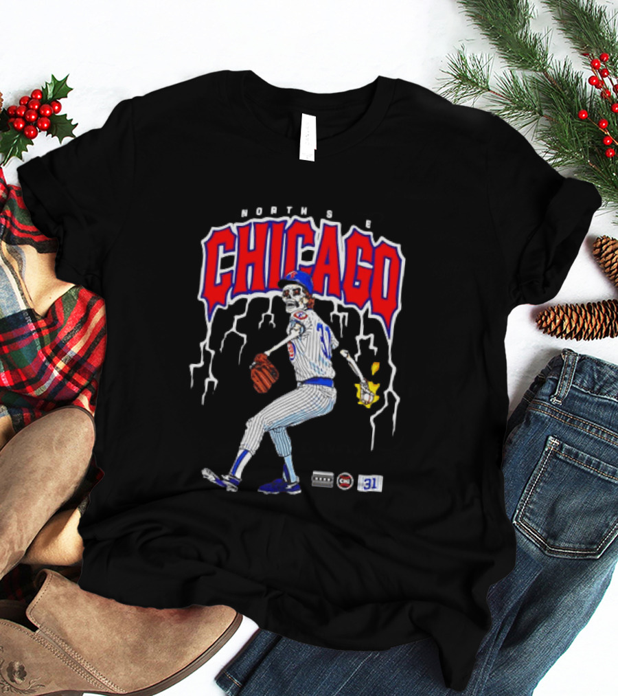 North Side Chicago Skeleton Pitcher CHI 31 Baseball T-Shirt