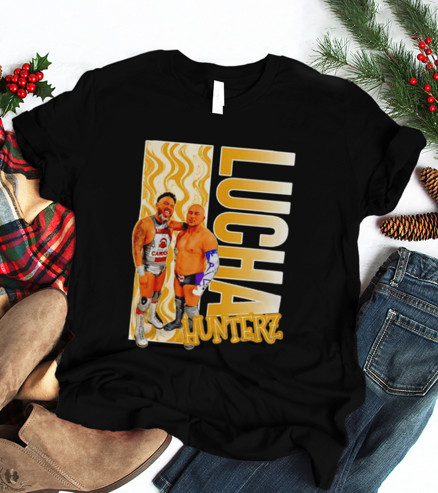 Lucha Hunterz Wrestlers Duo With Llamas And Gold Accents T-Shirt