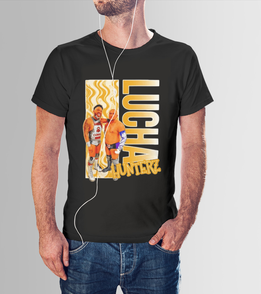 Lucha Hunterz Wrestlers Duo With Llamas And Gold Accents T-Shirt