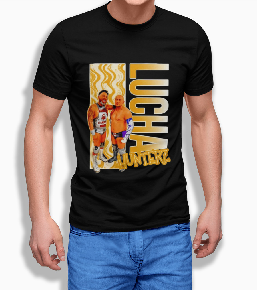 Lucha Hunterz Wrestlers Duo With Llamas And Gold Accents T-Shirt