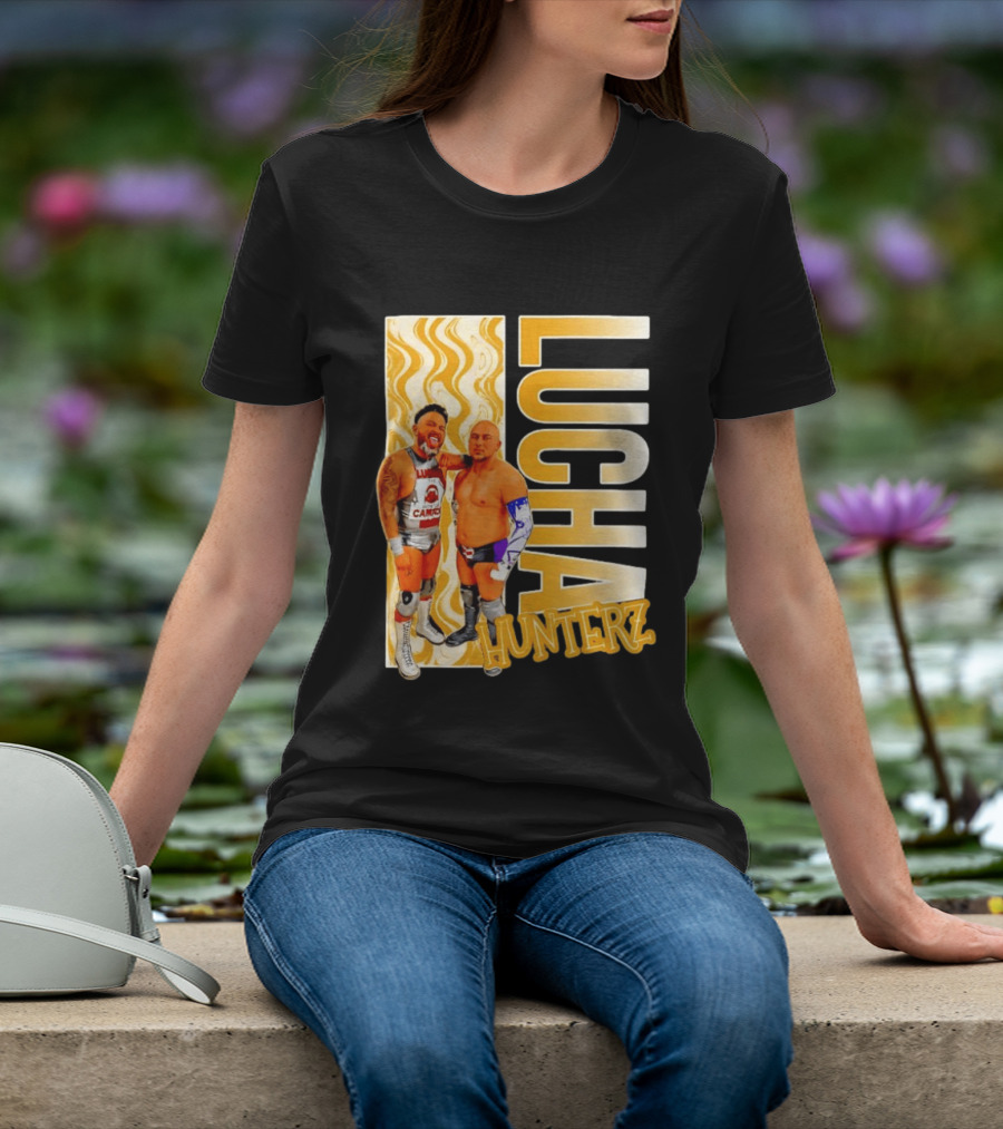 Lucha Hunterz Wrestlers Duo With Llamas And Gold Accents T-Shirt