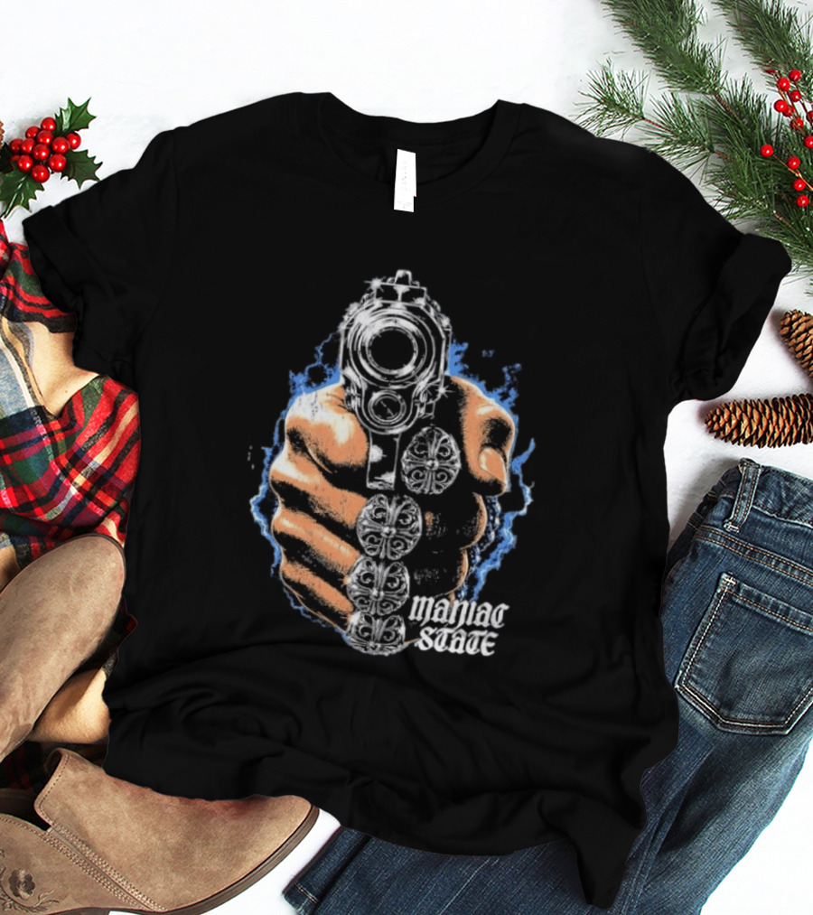 Maniac State Handgun Fist Chrome Cross Rings T-Shirt