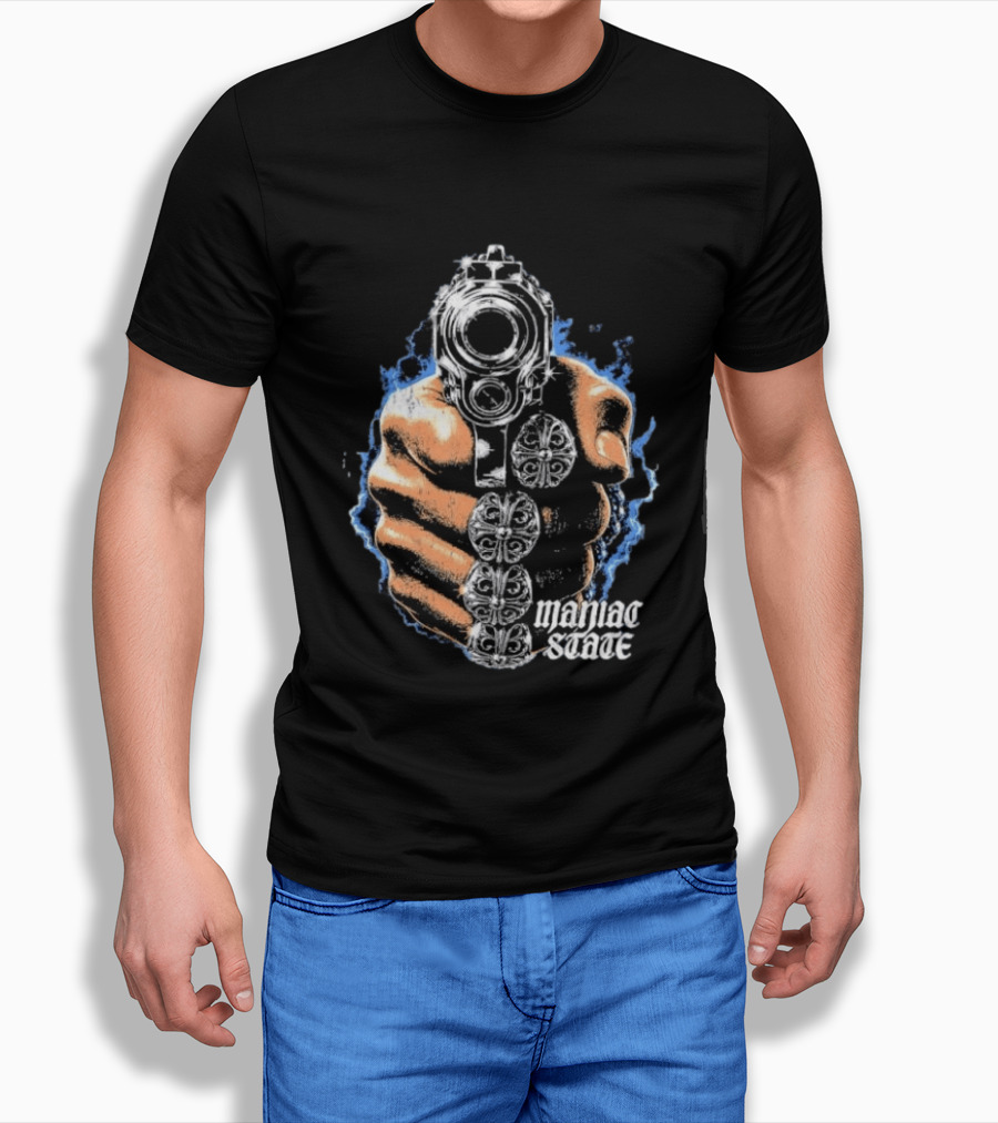 Maniac State Handgun Fist Chrome Cross Rings T-Shirt