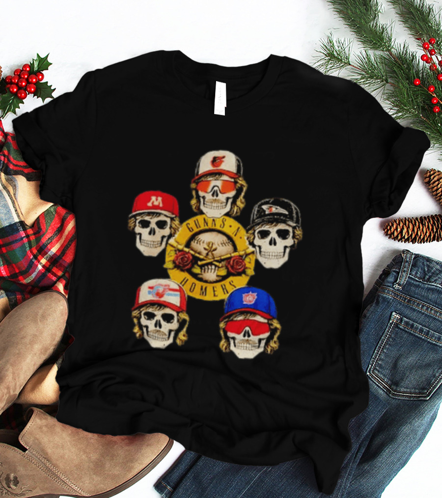 Gunns N Homers Baseball Skull Mashup With Five Caps T-Shirt