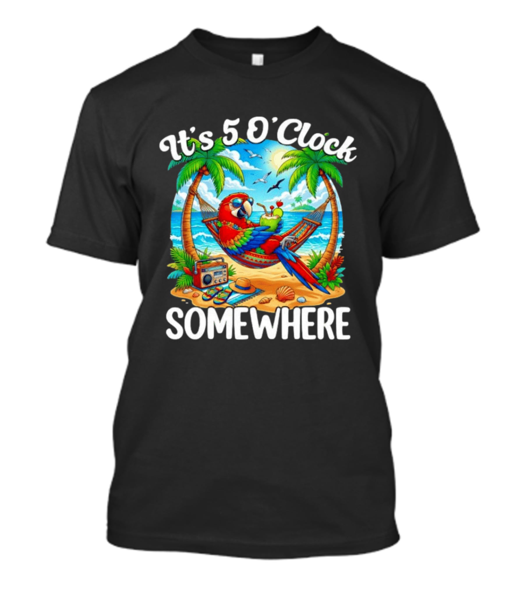 Parrot Relaxing In Hammock On Tropical Beach With It's 5 O' Somewhere Vibe T-Shirt