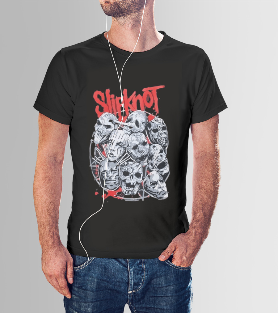 Slipknot Mask Collection With Band Name In Red T-Shirt