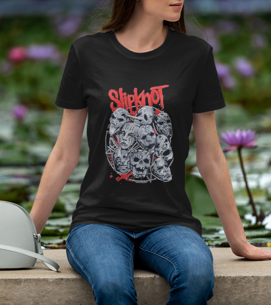 Slipknot Mask Collection With Band Name In Red T-Shirt