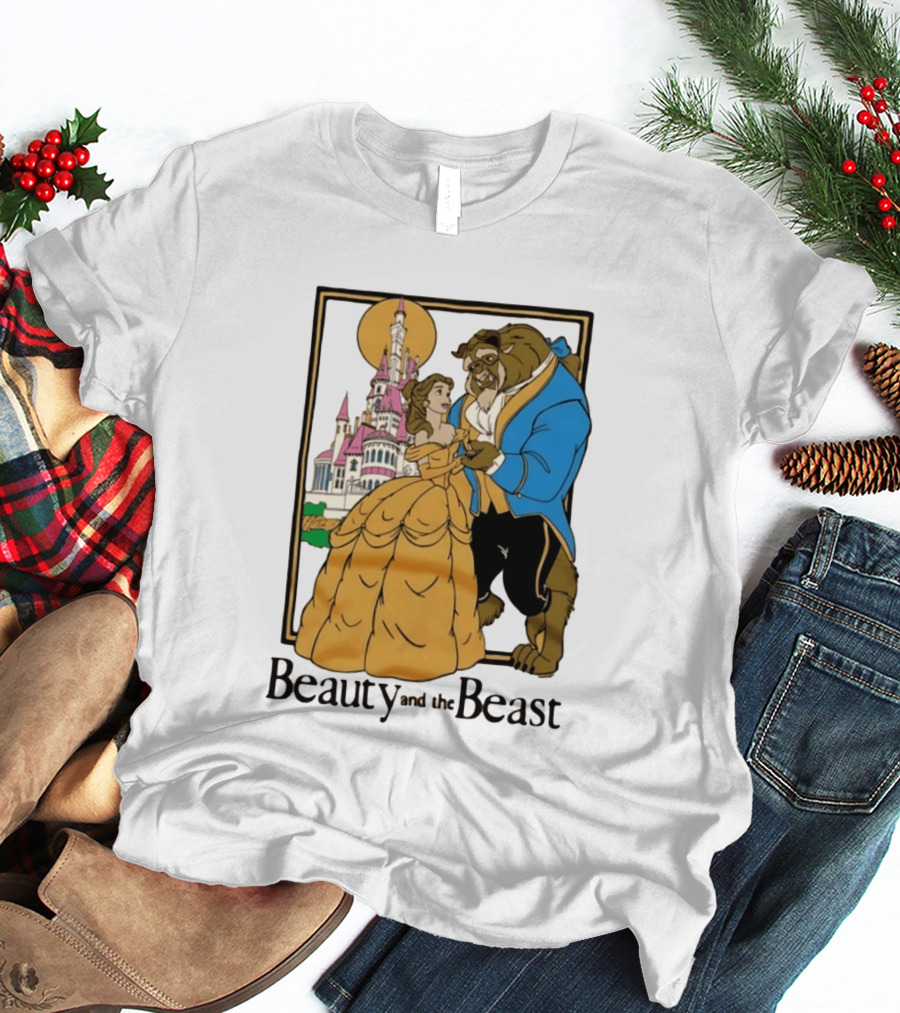 Beauty And The Beast Belle And Beast Dancing In Front Of Castle T-Shirt