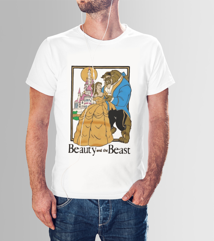 Beauty And The Beast Belle And Beast Dancing In Front Of Castle T-Shirt