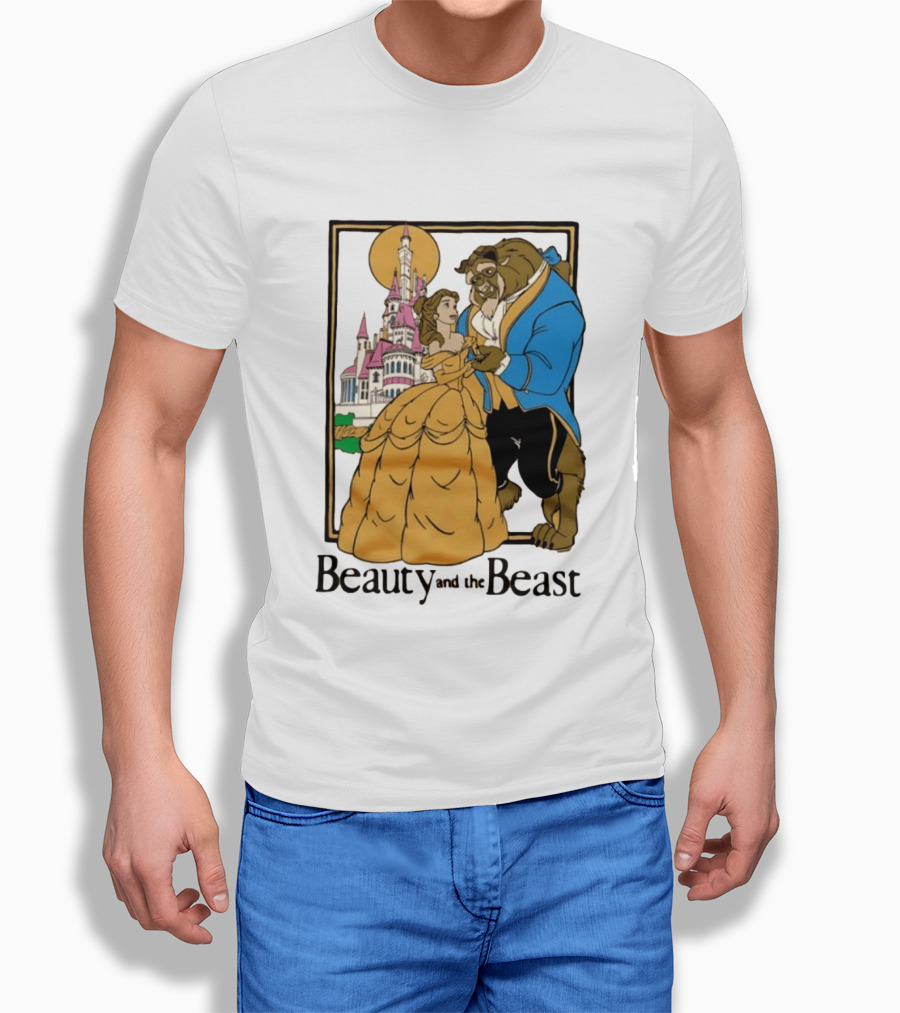 Beauty And The Beast Belle And Beast Dancing In Front Of Castle T-Shirt