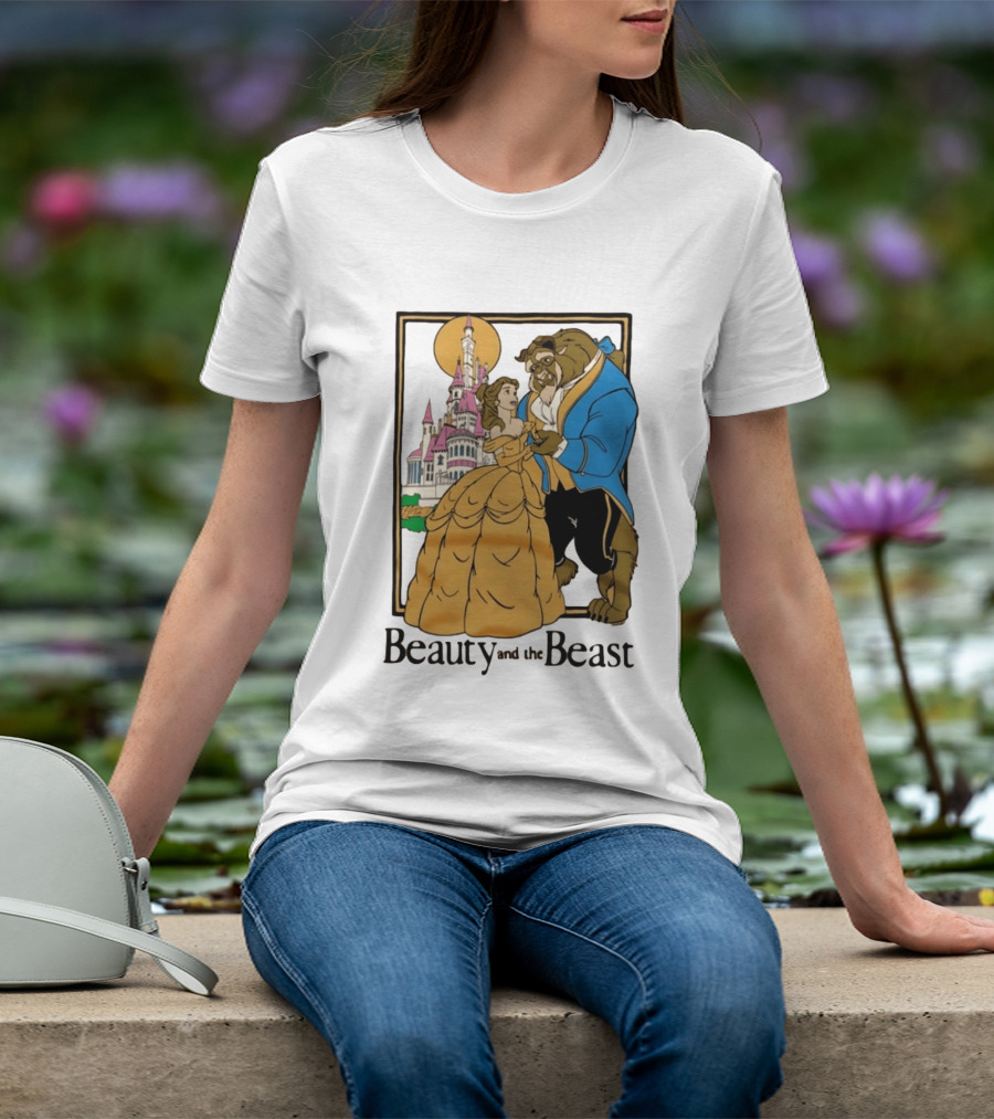 Beauty And The Beast Belle And Beast Dancing In Front Of Castle T-Shirt