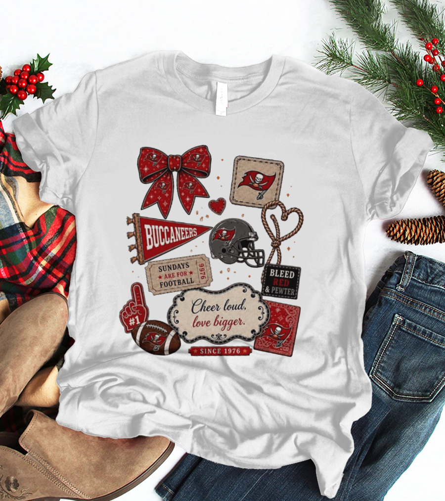 Tampa Bay Buccaneers Mom Red Floral Bow Cheer Loud Love Bigger Football Patch Collage T-Shirt