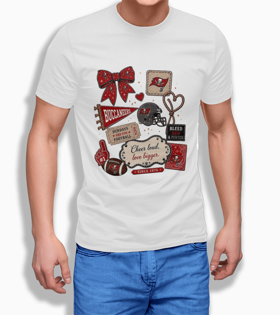Tampa Bay Buccaneers Mom Red Floral Bow Cheer Loud Love Bigger Football Patch Collage T-Shirt