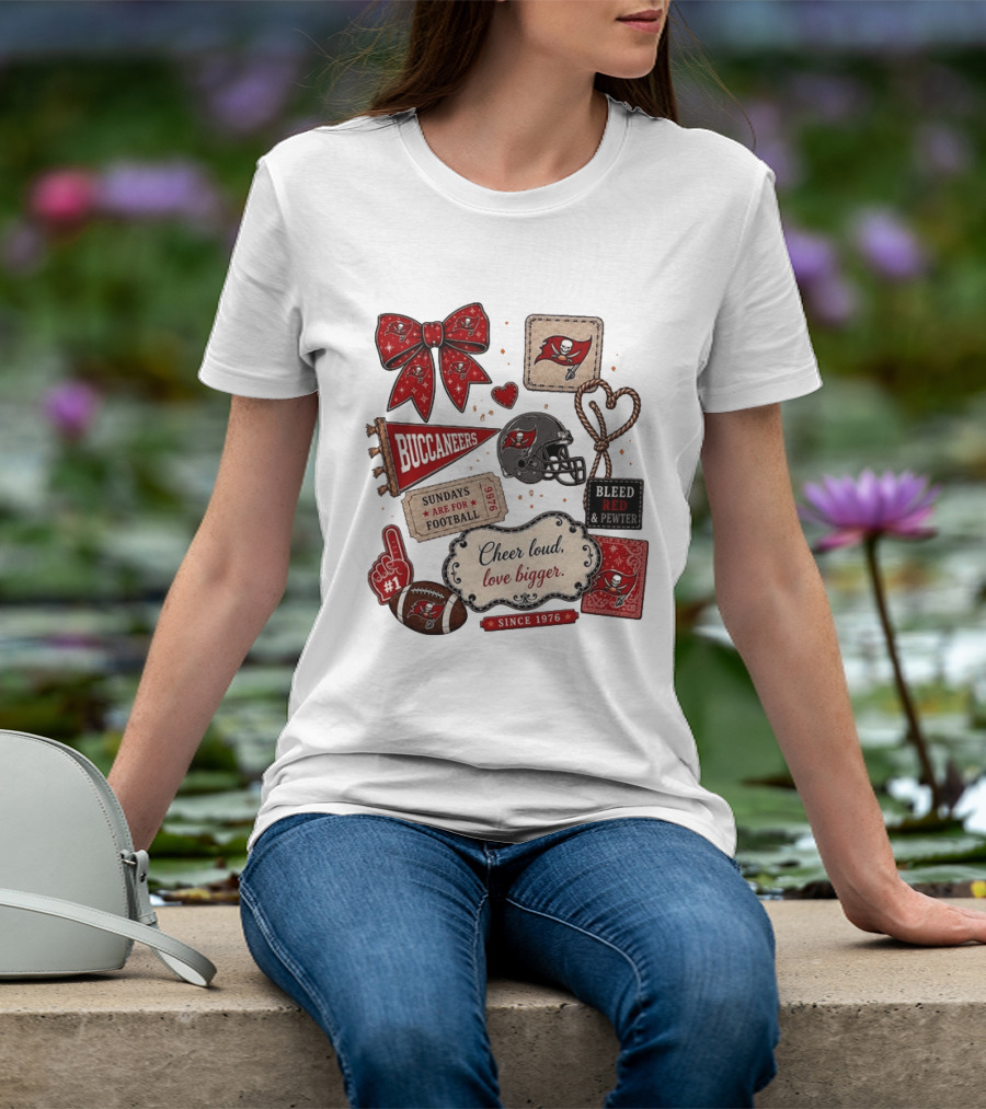 Tampa Bay Buccaneers Mom Red Floral Bow Cheer Loud Love Bigger Football Patch Collage T-Shirt