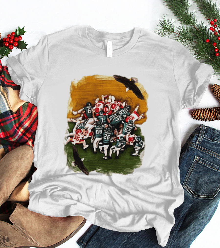 Philadelphia Eagles Tush Push Jalen Hurts Saquon Barkley Jason Kelce Action Play T-Shirt