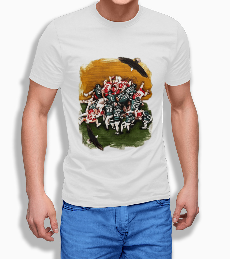 Philadelphia Eagles Tush Push Jalen Hurts Saquon Barkley Jason Kelce Action Play T-Shirt