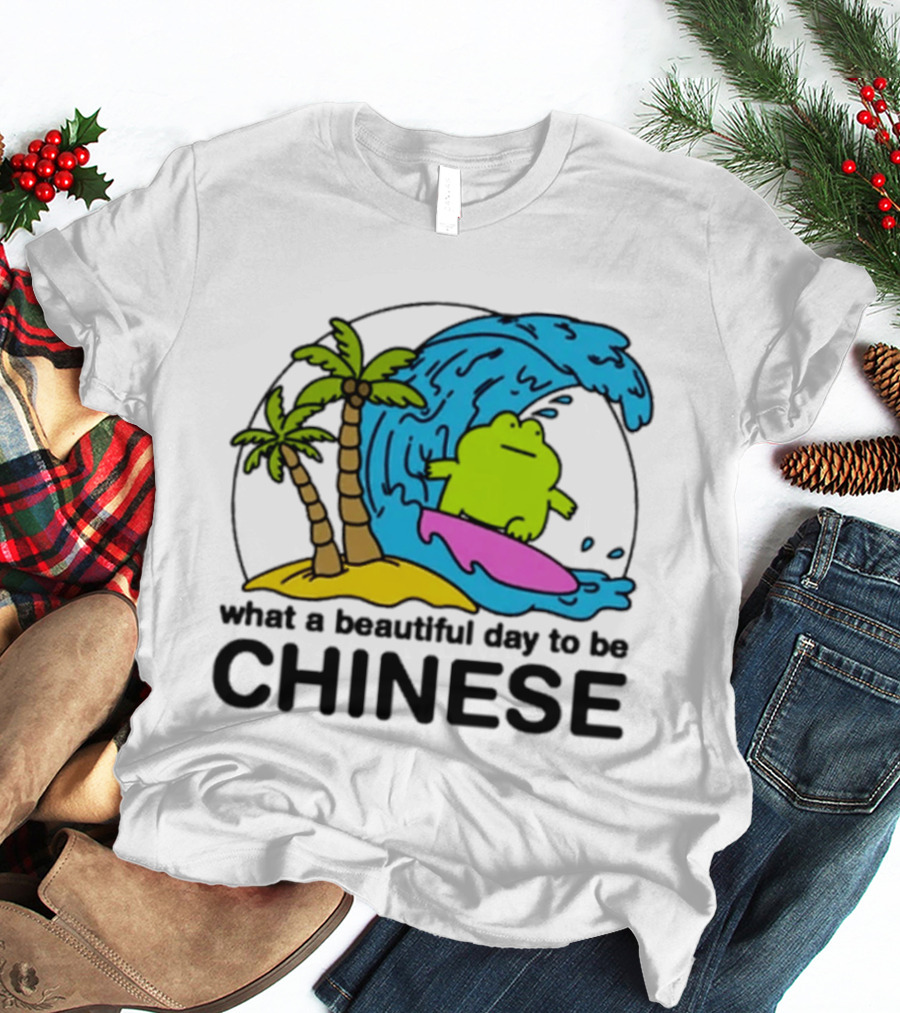 What A Beautiful Day To Be Chinese Surfing Frog With Palm Trees And Waves T-Shirt