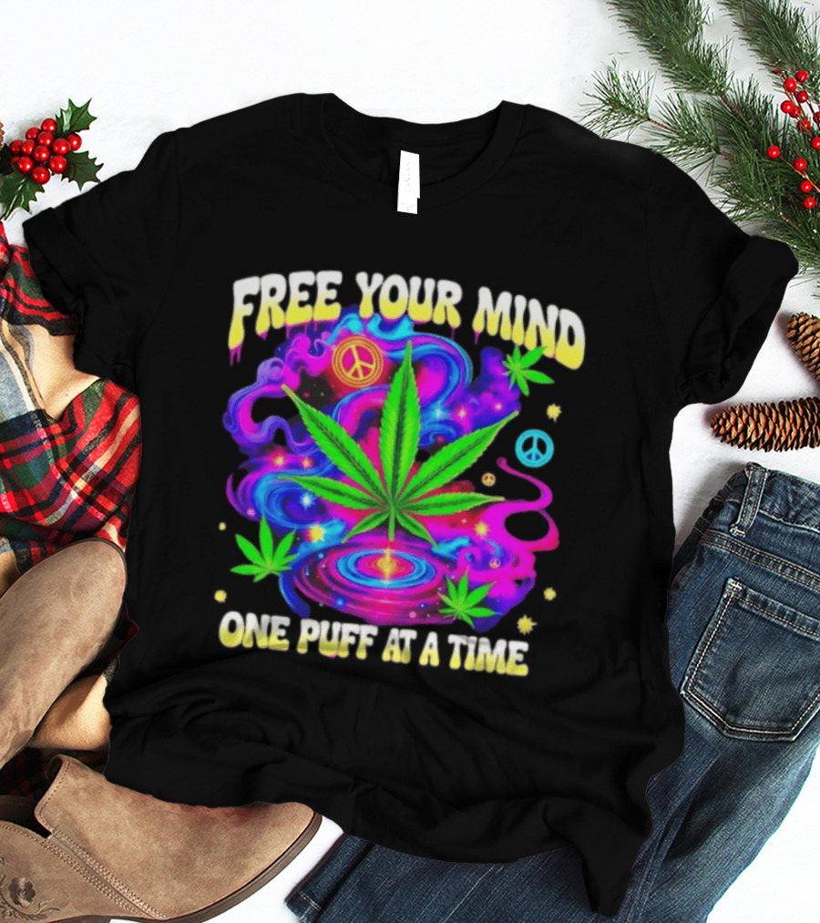 Psychedelic Cannabis Leaf Peace Sign Free Your Mind One Puff At A Time Trippy T-Shirt