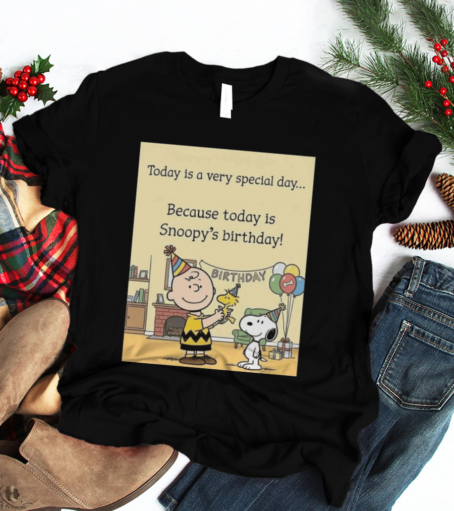 Celebrate Snoopy's Birthday With Charlie Brown And Woodstock In Party Hats And Balloons T-Shirt