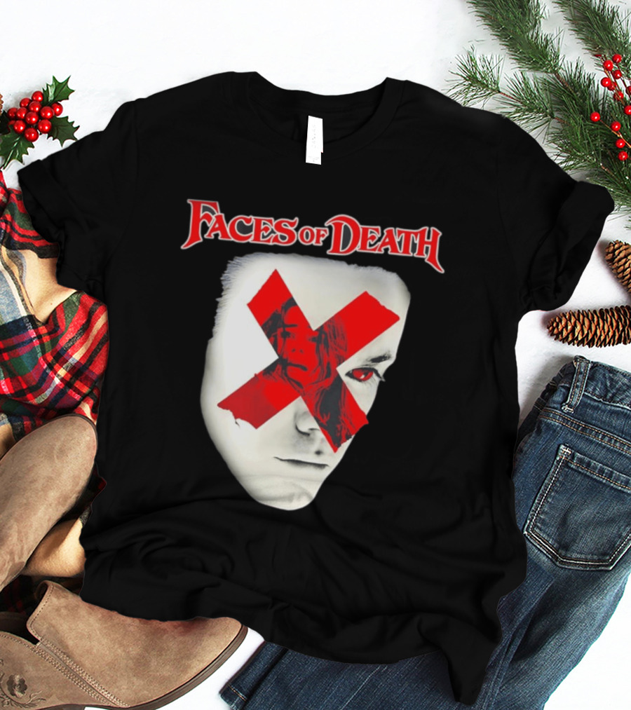 Faces Of Death Horror Movie Red X Iconic Scream Mask T-Shirt