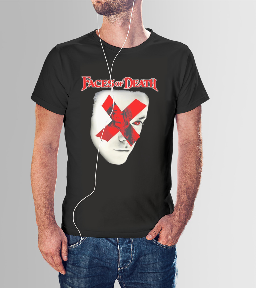 Faces Of Death Horror Movie Red X Iconic Scream Mask T-Shirt
